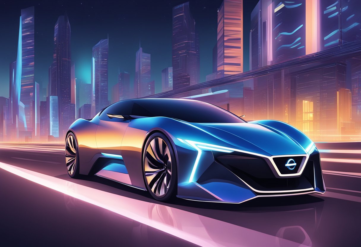 A sleek Nissan car parked under city lights, with futuristic design elements and a glowing emblem