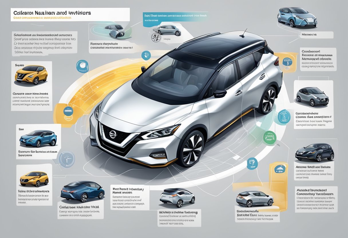 A Nissan car with safety features, surrounded by information about Nissan's new vehicles