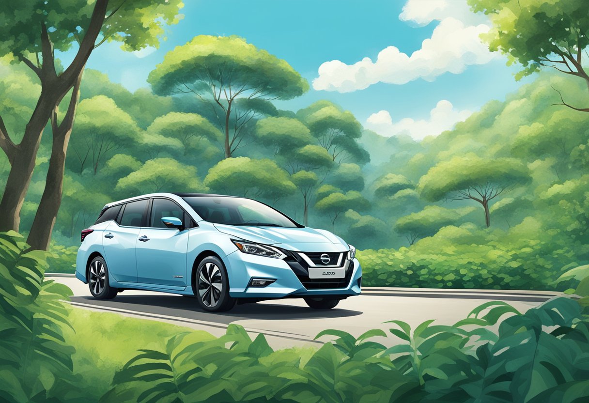 A Nissan car surrounded by lush greenery, with a clear blue sky in the background, showcasing Nissan's commitment to the environment