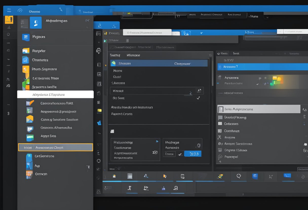 Outlook interface with black background, settings menu open, cursor selecting "Appearance" option