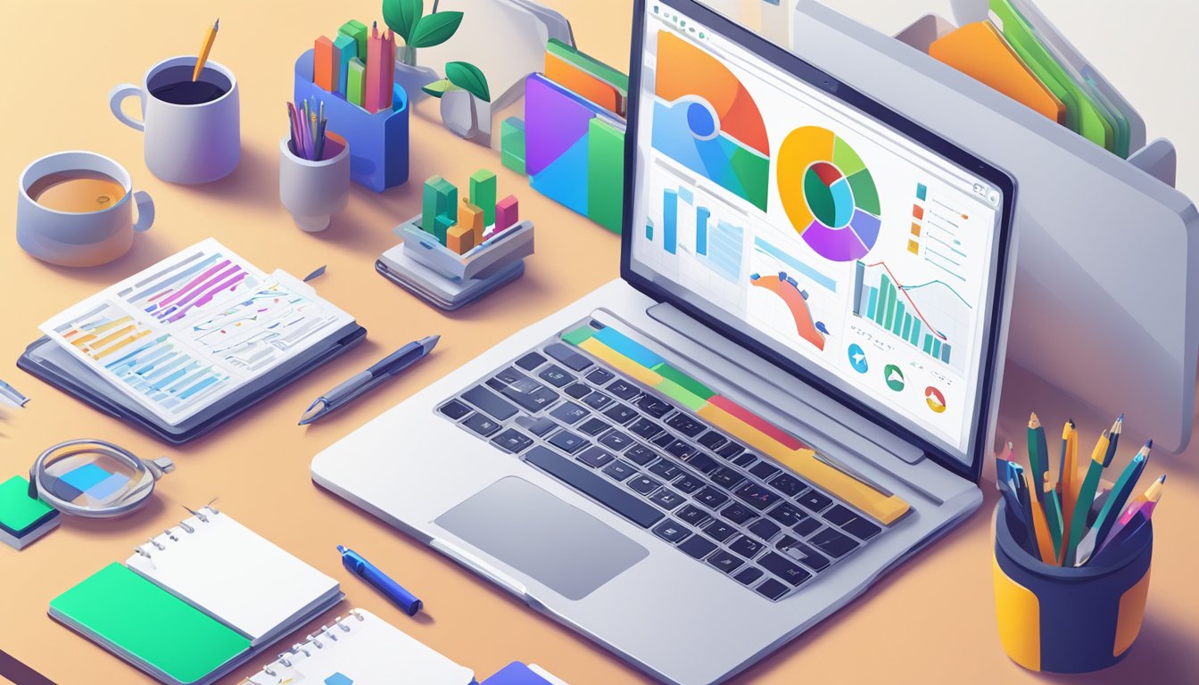 An open laptop displaying a list of "Top 15 Chrome SEO Plugins of 2024" with colorful icons and charts, surrounded by a desk cluttered with notebooks and pens