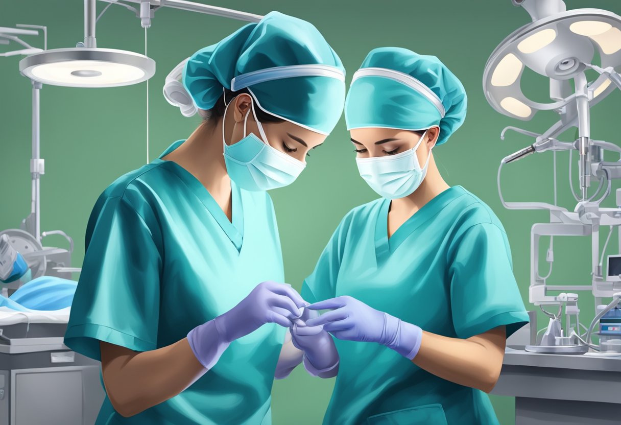 A scrub nurse and surgical tech work in tandem, passing instruments and maintaining a sterile field during a surgical procedure