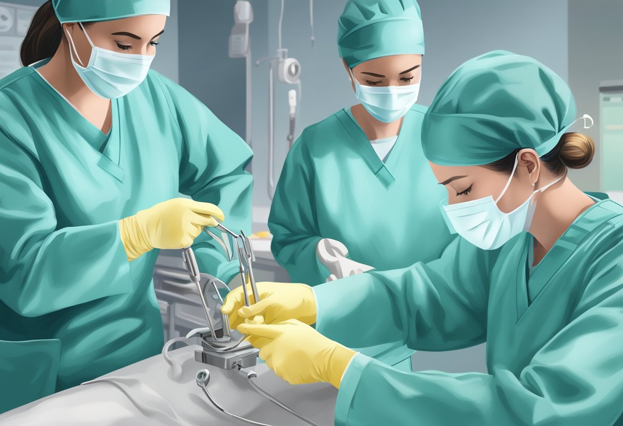 A scrub nurse hands over surgical instruments to a surgical tech during a procedure
