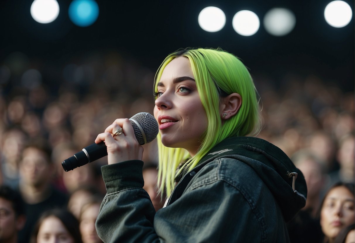 Billie Eilish standing on stage, holding a microphone, with the audience cheering in the background