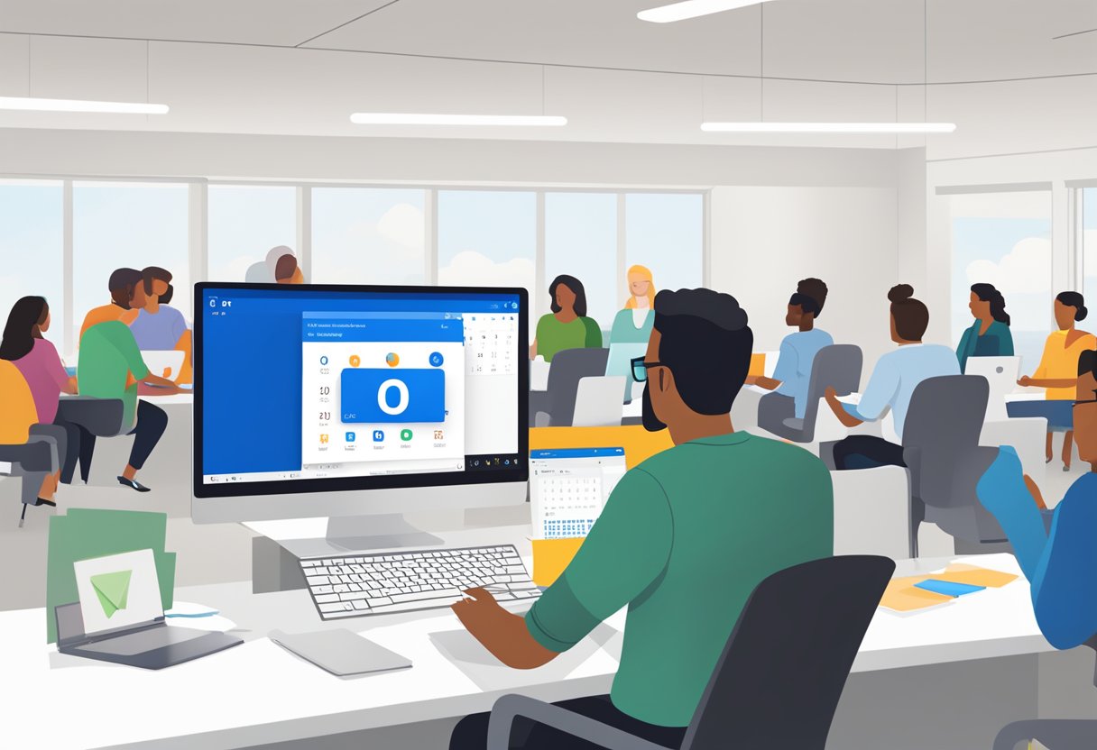 Outlook opens on a computer screen, with a calendar event highlighted. A pop-up message appears, indicating that a Teams meeting has been automatically added to the event