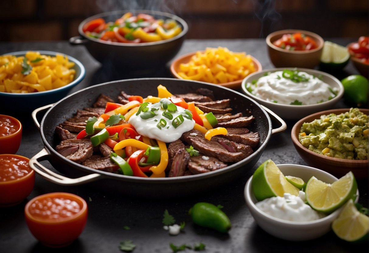 Sizzling steak fajitas on a hot skillet with charred peppers and onions, surrounded by colorful bowls of toppings like salsa, guacamole, and sour cream