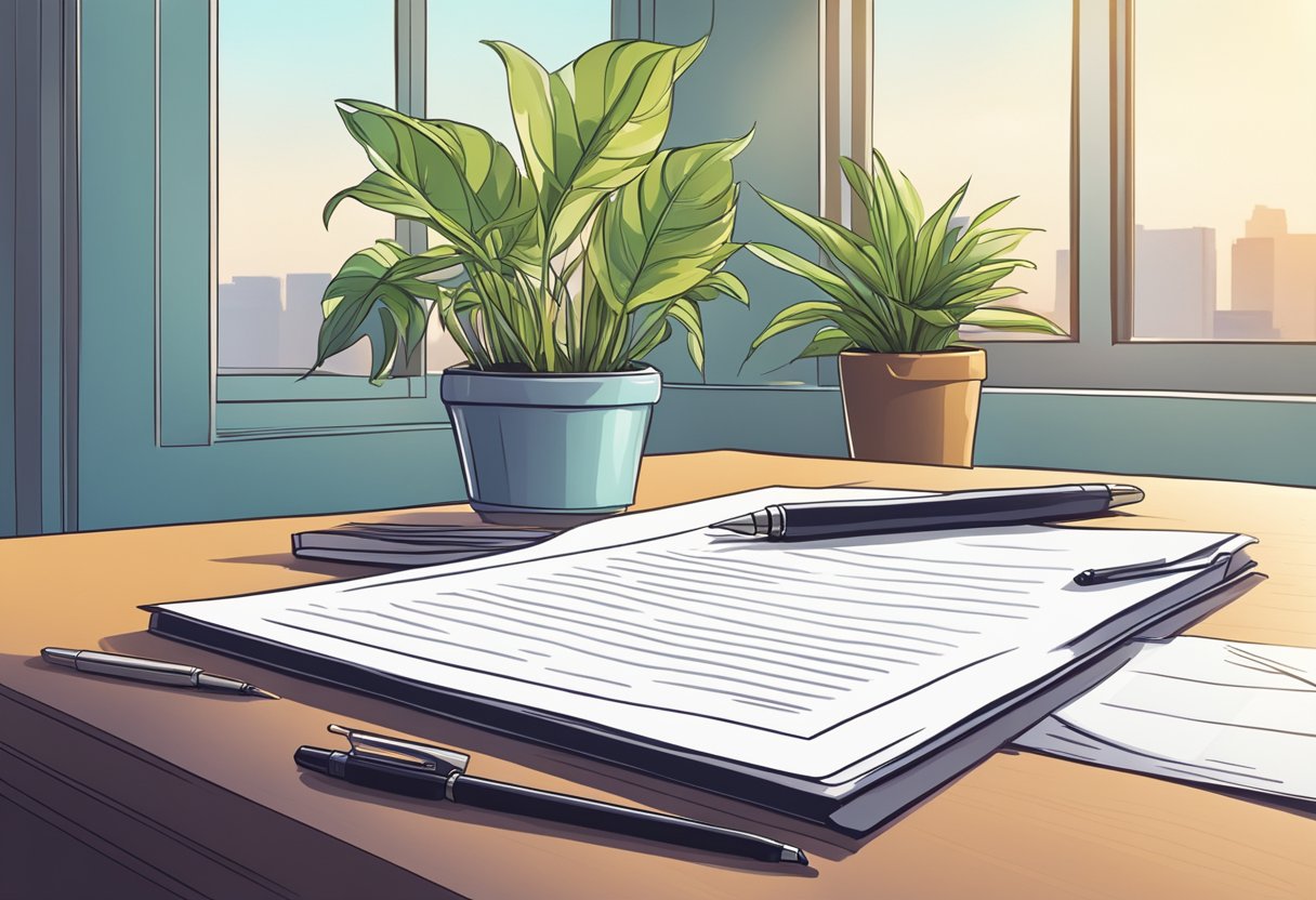 A pen signing a legal document on a desk, with a window in the background and a potted plant on the side