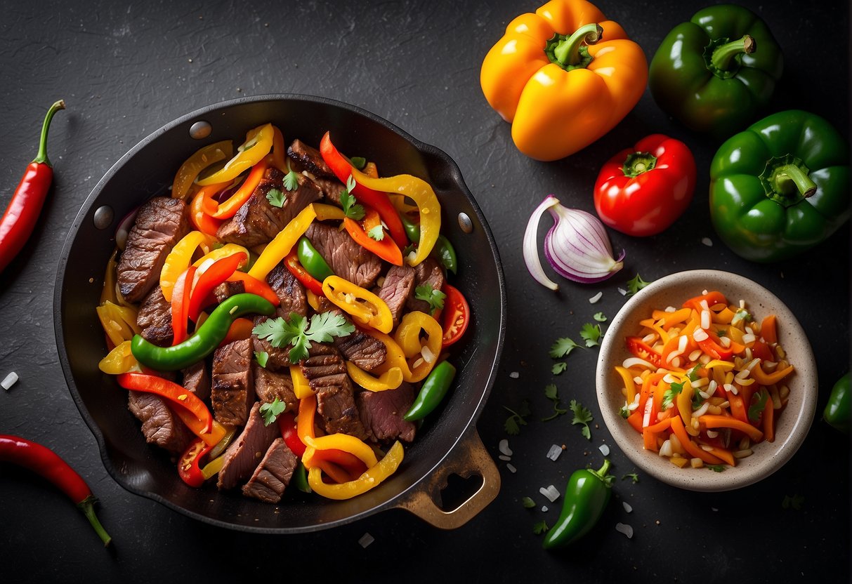 Sizzling steak strips in a hot skillet with colorful bell peppers and onions, seasoned with fajita spices