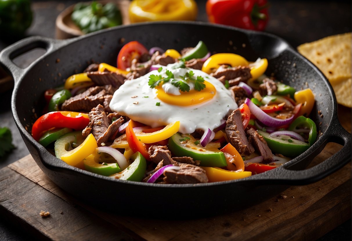 A sizzling skillet of leftover steak fajitas with colorful peppers and onions, topped with a sprinkle of cheese and a dollop of sour cream