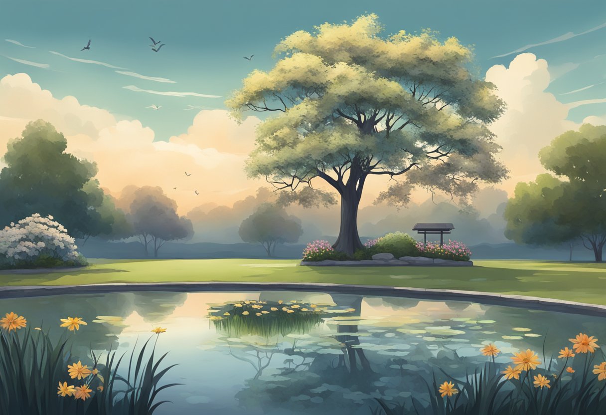A serene garden with wilting flowers, a lone tree shedding its leaves, and a peaceful pond reflecting the somber sky