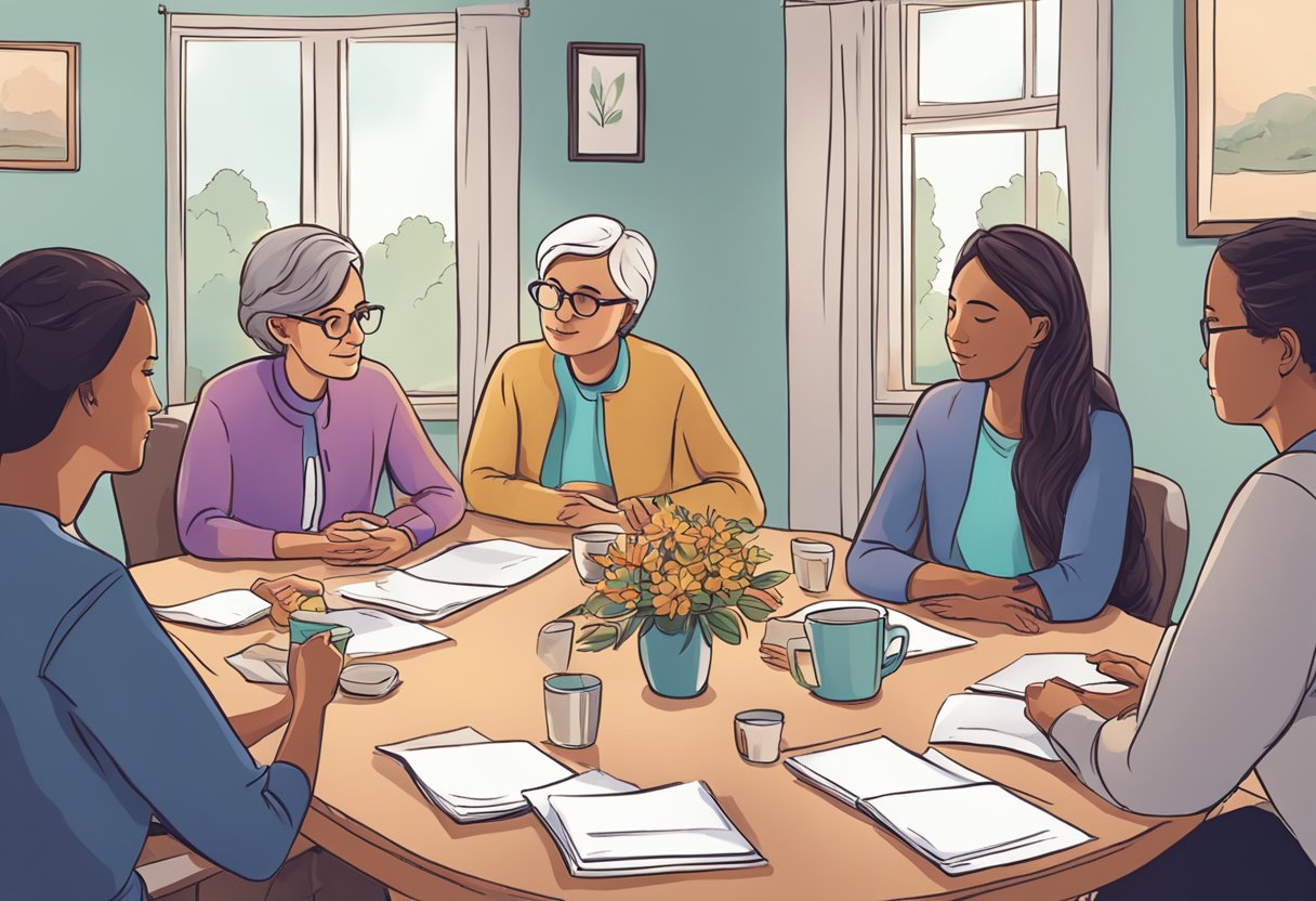 A group of people gathered around a table, sharing stories and offering support while navigating the challenges of coping with loss in a hospice setting