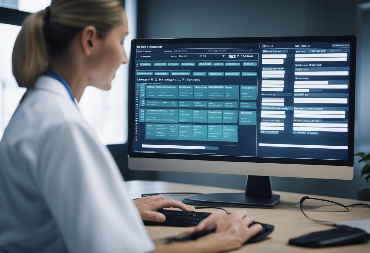 Nurses accessing records on a computer screen with a secure login and patient information displayed