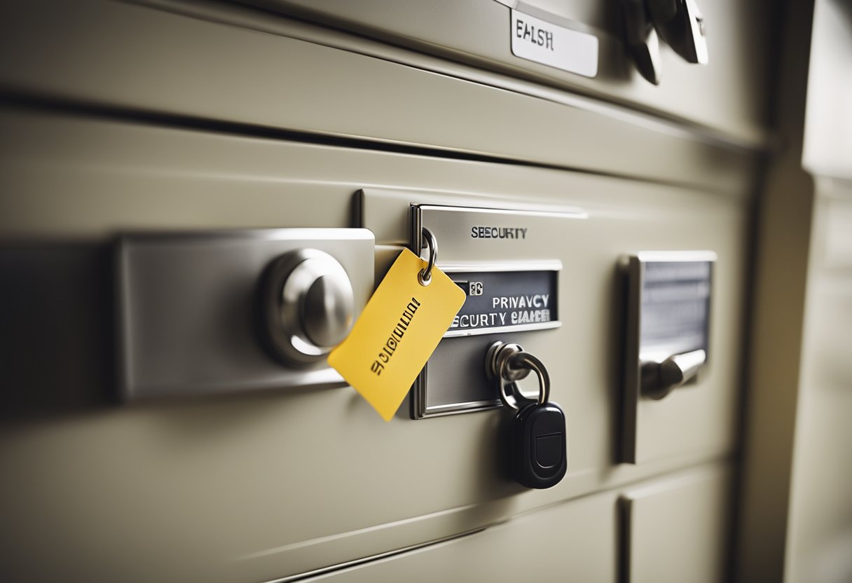 A locked filing cabinet with a "Privacy and Security" label. A nurse's ID badge hangs nearby