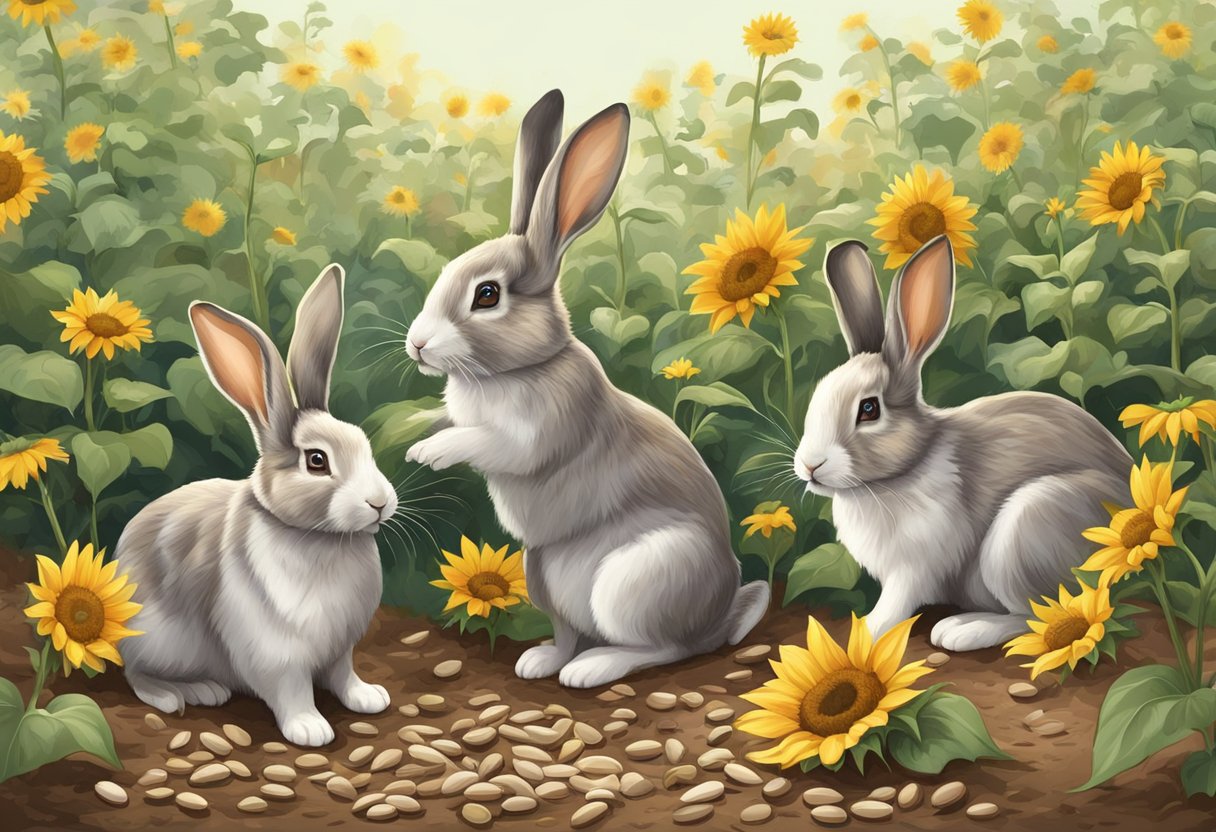 Rabbits nibble on sunflower seeds scattered on the ground