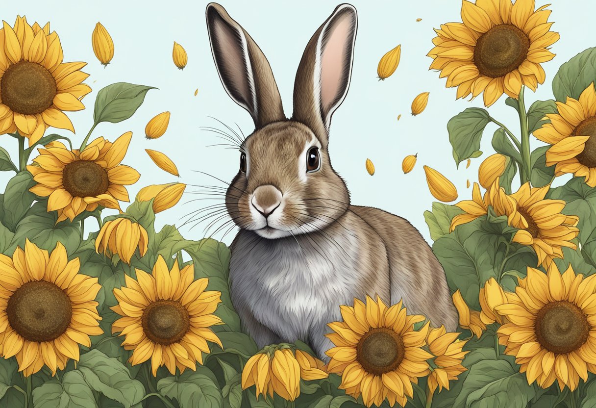 A rabbit surrounded by sunflower seeds, with a question mark above its head