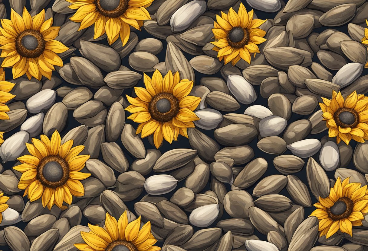 Sunflower seeds in various sizes and colors, some in shells, others shelled. A rabbit nibbling on a pile of seeds, some uneaten