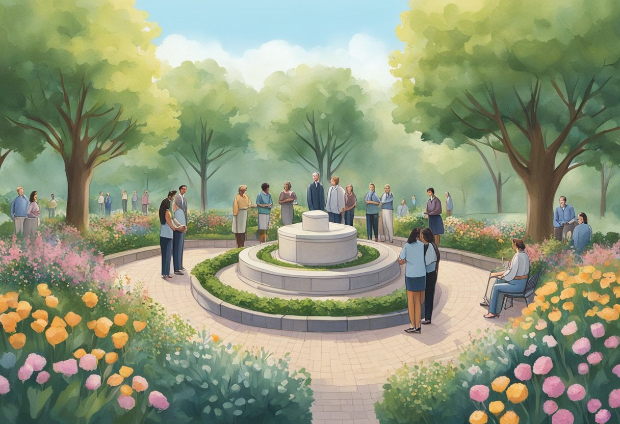 A group of people gather at a serene memorial garden, surrounded by flowers and trees. A sign reads "Frequently Asked Questions memorial service hospice" in elegant lettering
