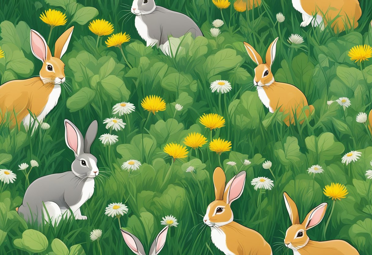 Rabbits foraging for wild plants, such as dandelion greens and clover, in a lush meadow