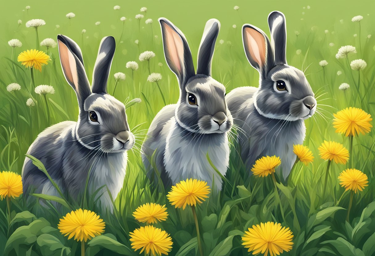 Rabbits grazing on dandelions, clover, and plantain in a lush meadow
