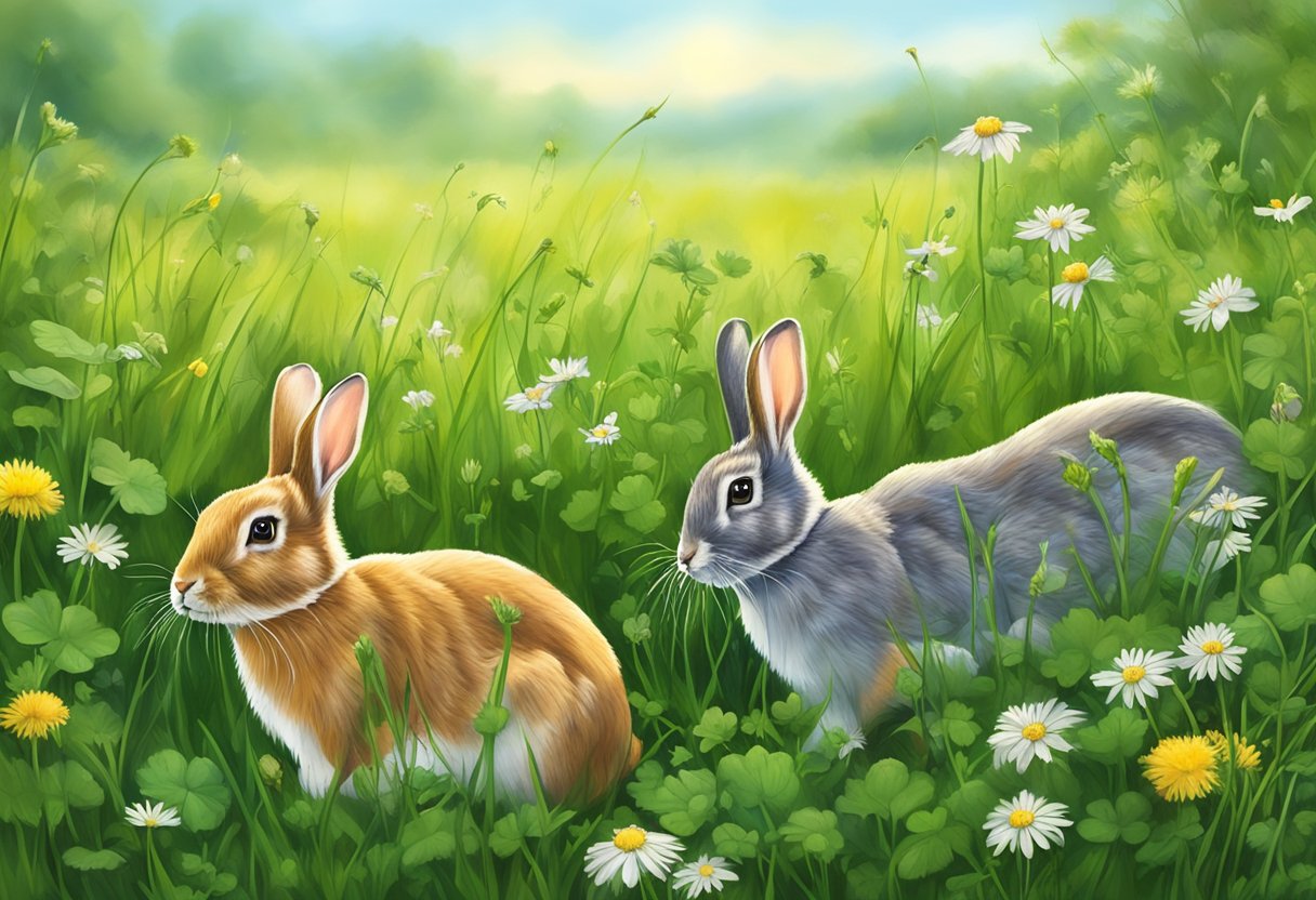 Rabbits munch on fresh green clover, dandelion, and chickweed in a lush meadow, surrounded by tall grasses and wildflowers