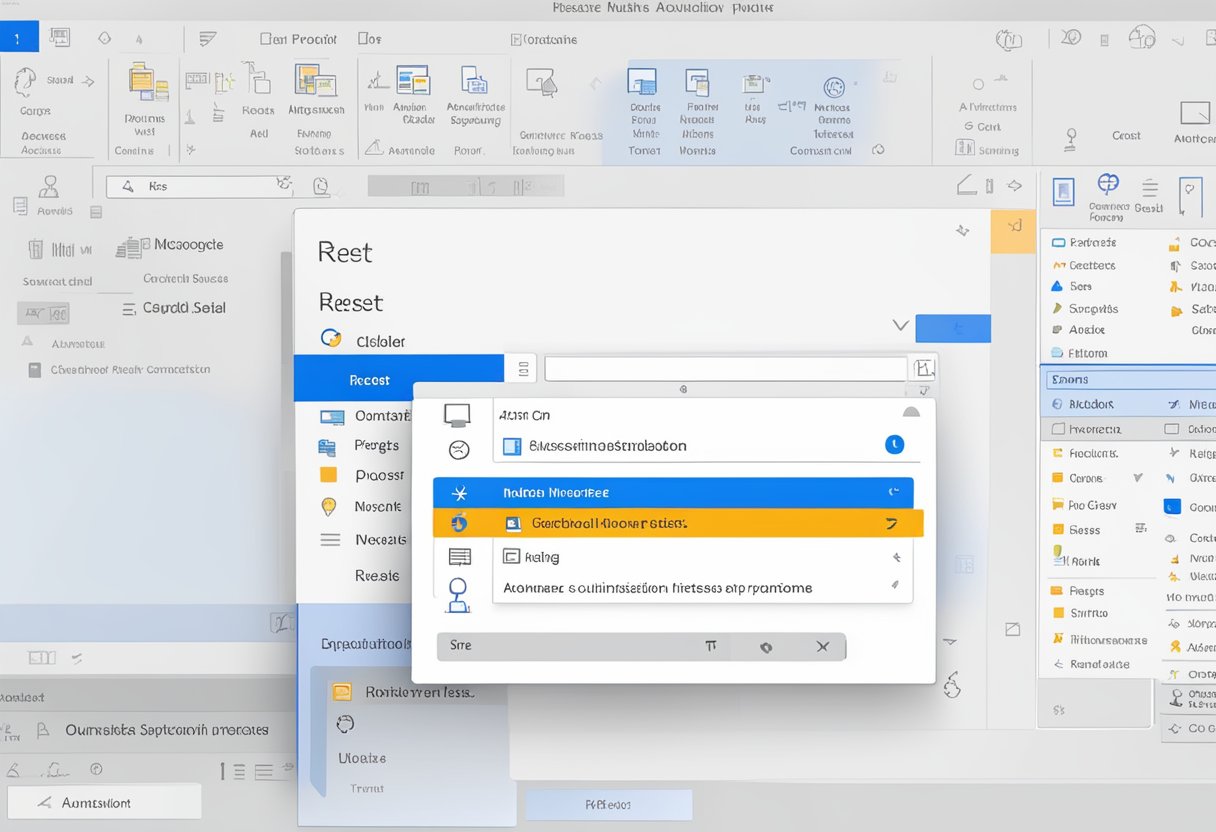 Outlook inbox screen with customization options, reset button highlighted