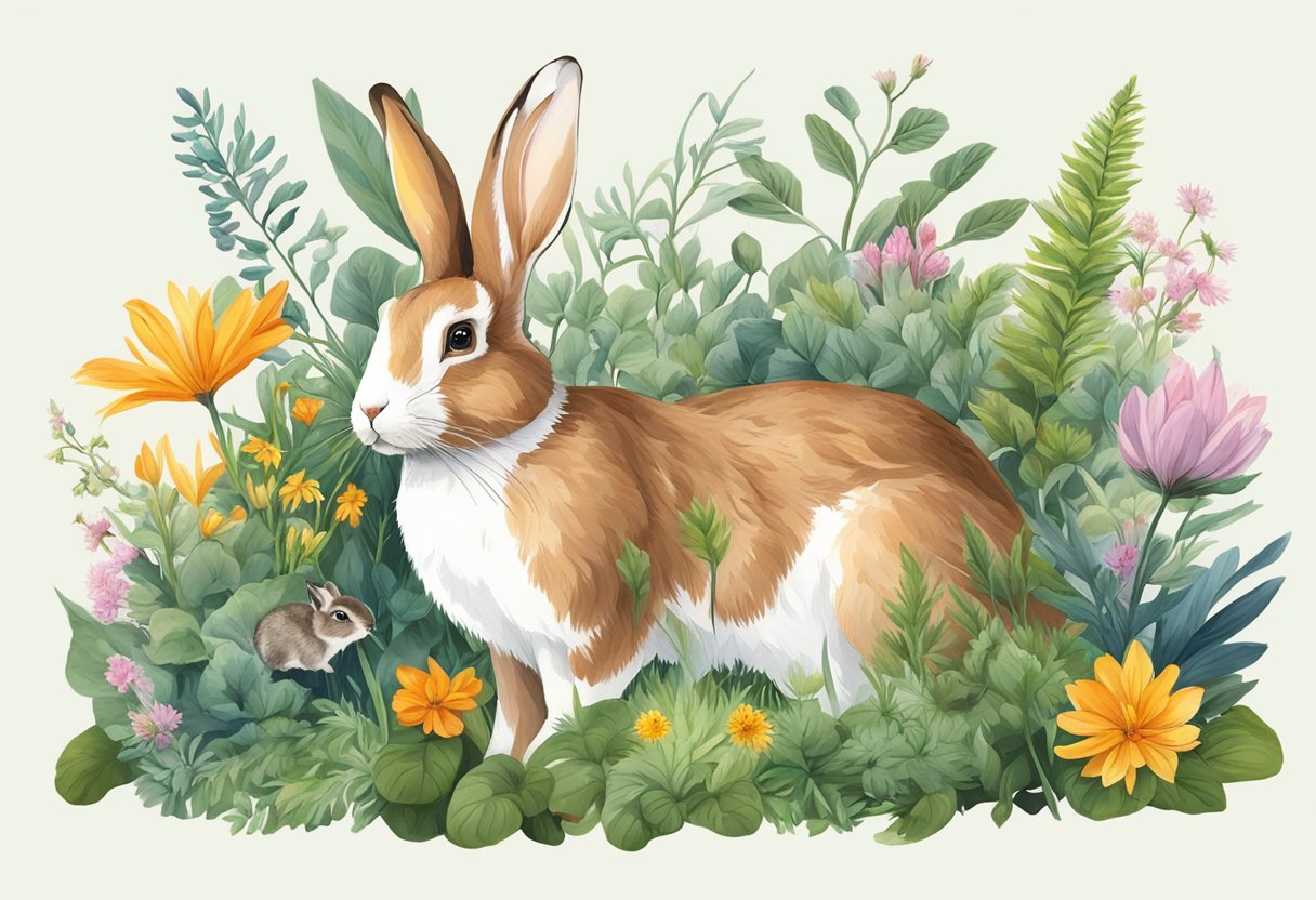 Rabbits eating various wild plants, surrounded by a diverse array of foliage and flowers