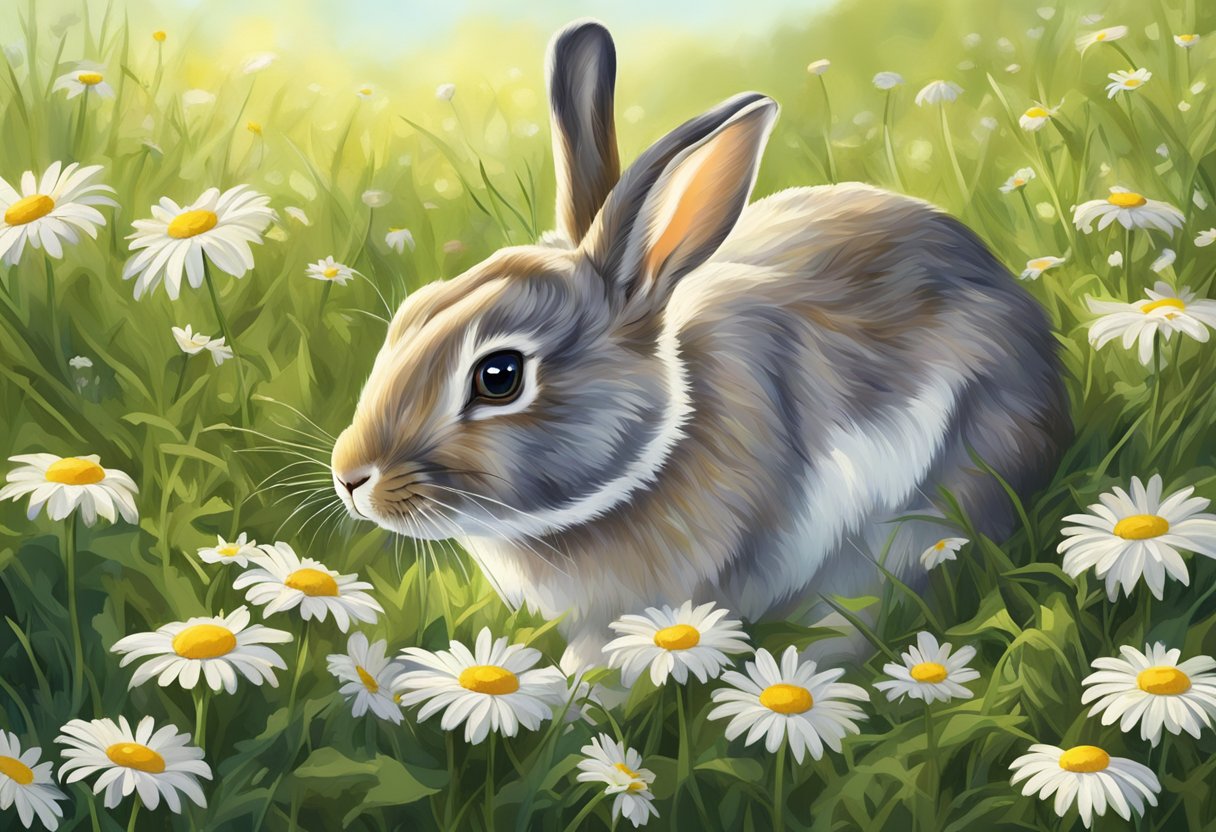 A rabbit nibbles on a cluster of daisies in a sunny meadow
