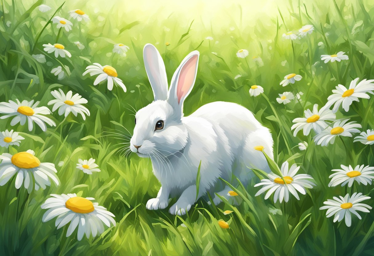 A rabbit munches on fresh daisies in a lush green meadow