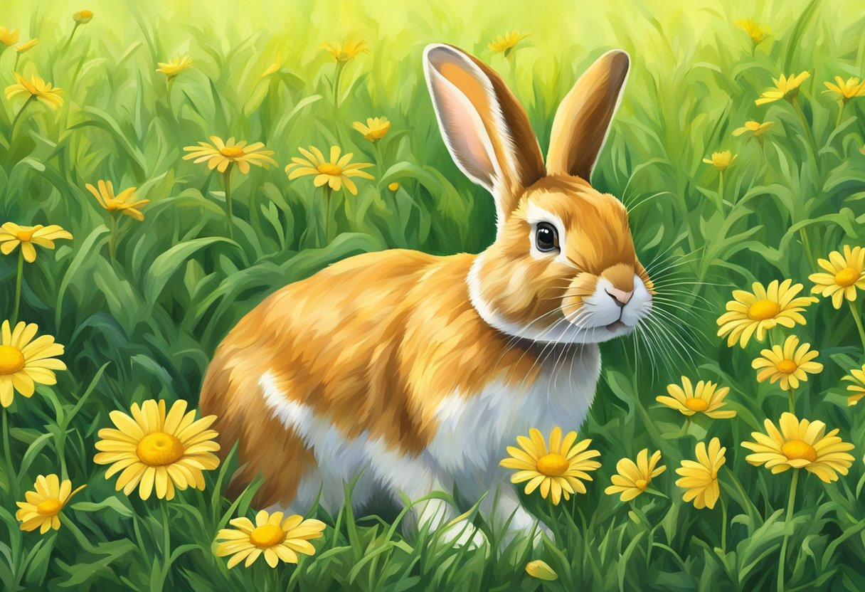 A rabbit nibbles on a bright yellow daisy in a lush green field