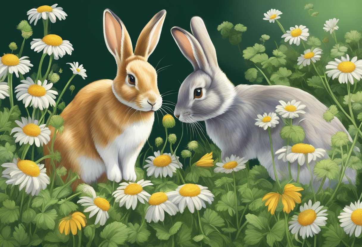 Rabbits munch on daisies, while nearby, they feast on clover and parsley. They avoid toxic plants like foxglove and rhubarb