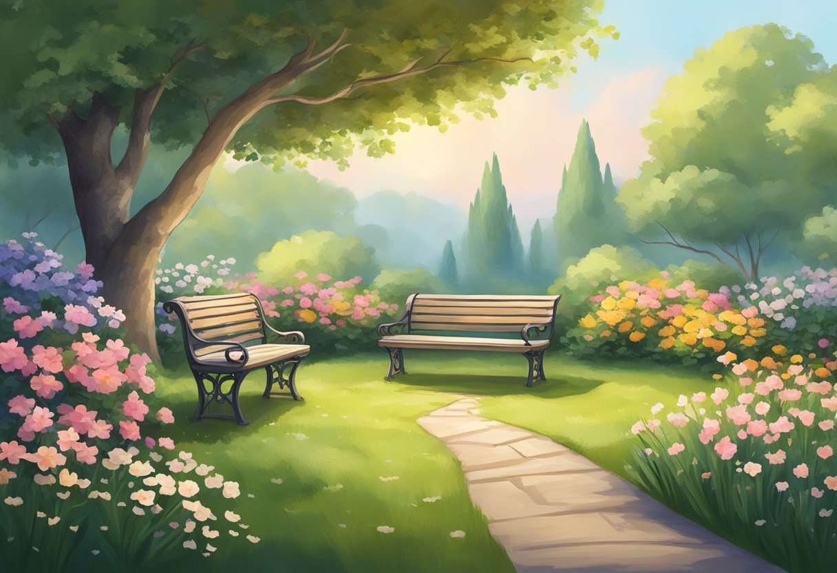 A serene garden with a solitary bench surrounded by blooming flowers, a gentle breeze, and a comforting atmosphere