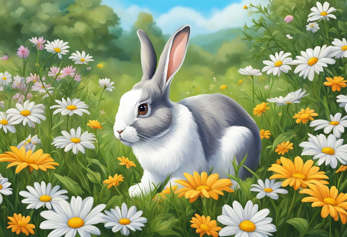 A rabbit nibbles on a patch of daisies, surrounded by a field of colorful flowers