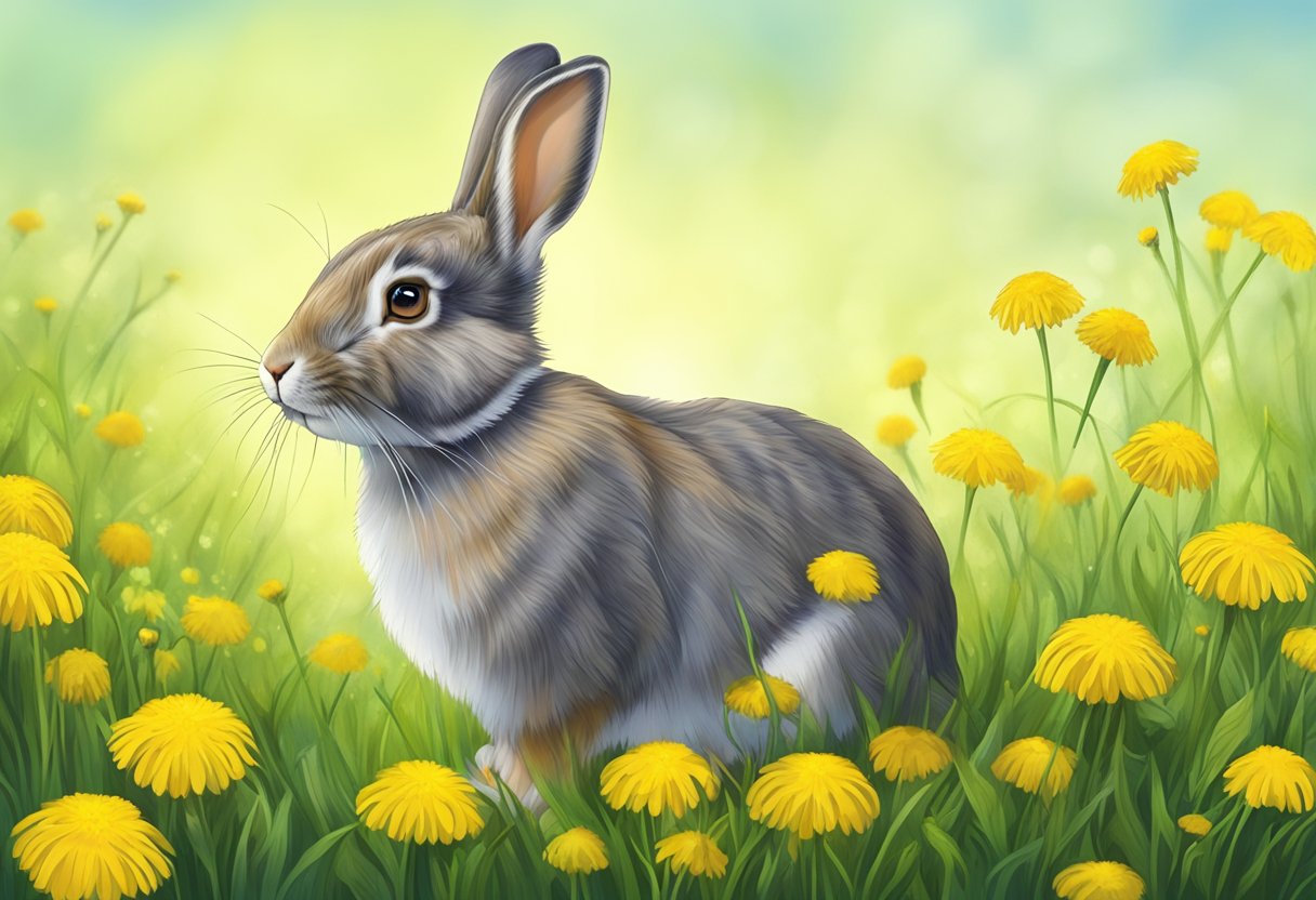A rabbit nibbles on bright yellow dandelion flowers in a lush green meadow