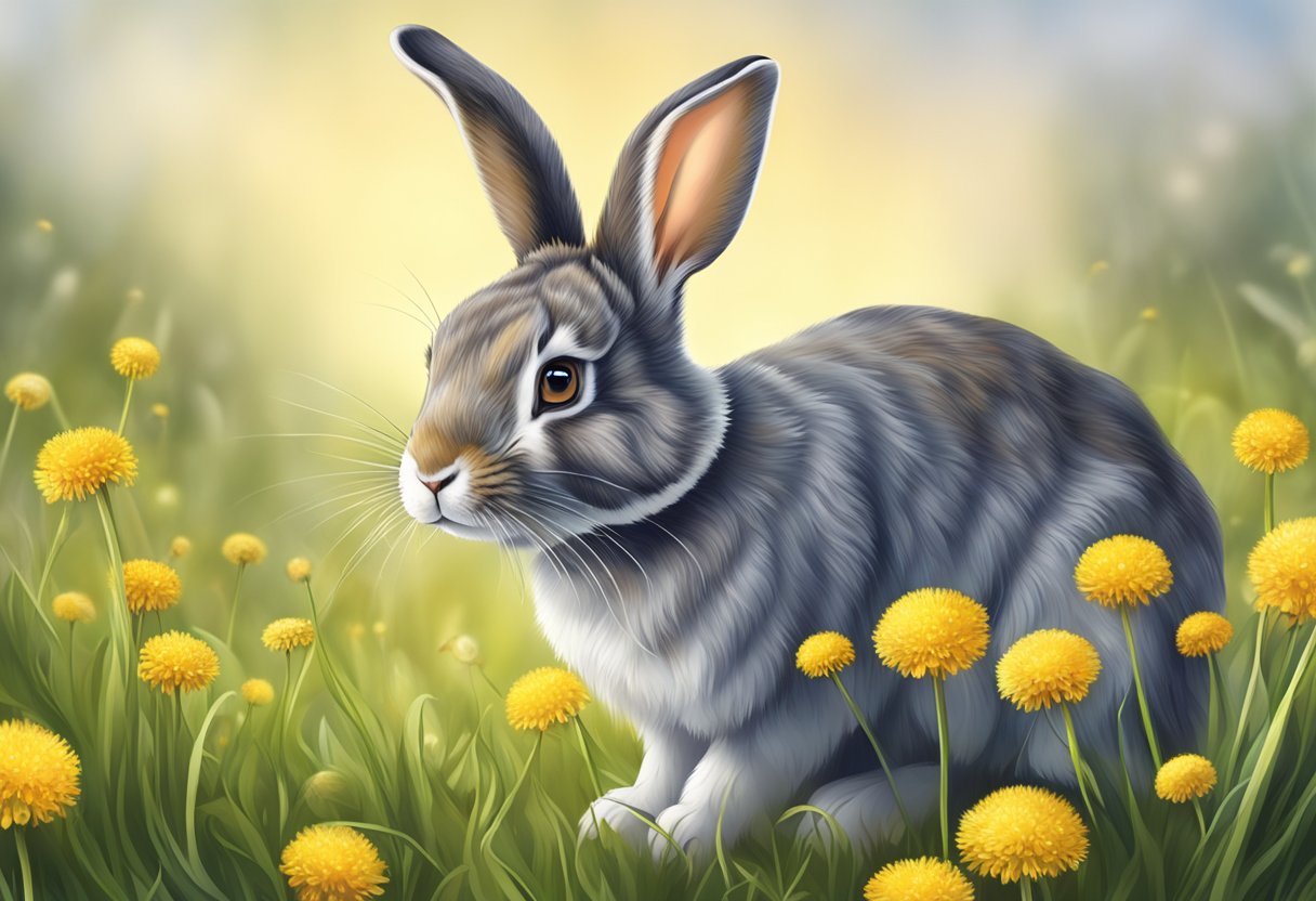 A rabbit nibbles on dandelion flowers, its bright eyes and perky ears showing good health