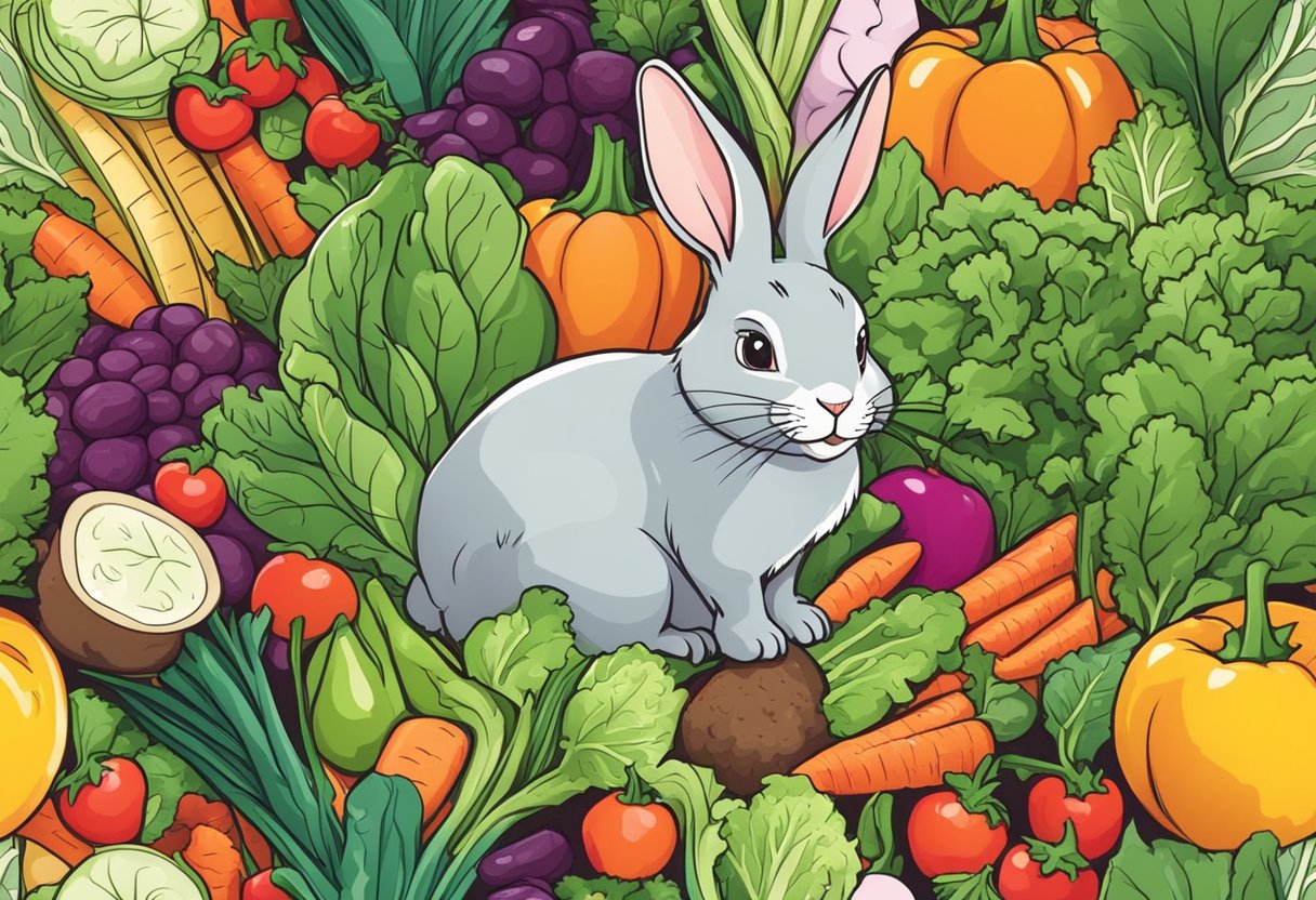 A rabbit happily munches on a variety of fresh vegetables and leafy greens, surrounded by colorful and appetizing veggie treats