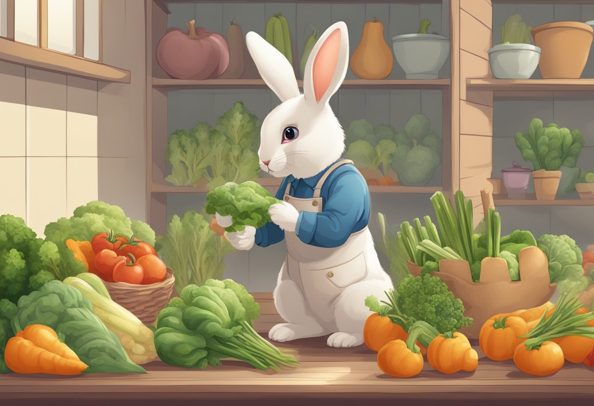 A cute rabbit selecting safe vegetables for treats