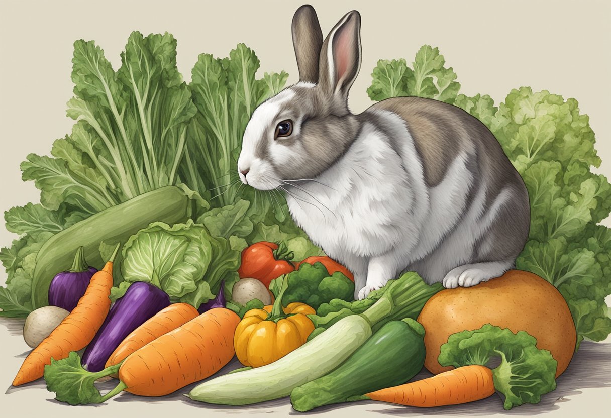 A rabbit eagerly munches on a pile of fresh vegetable treats, following a regular feeding schedule