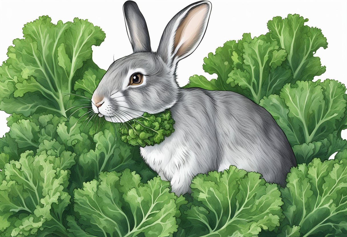 A rabbit munches on fresh green kale treats