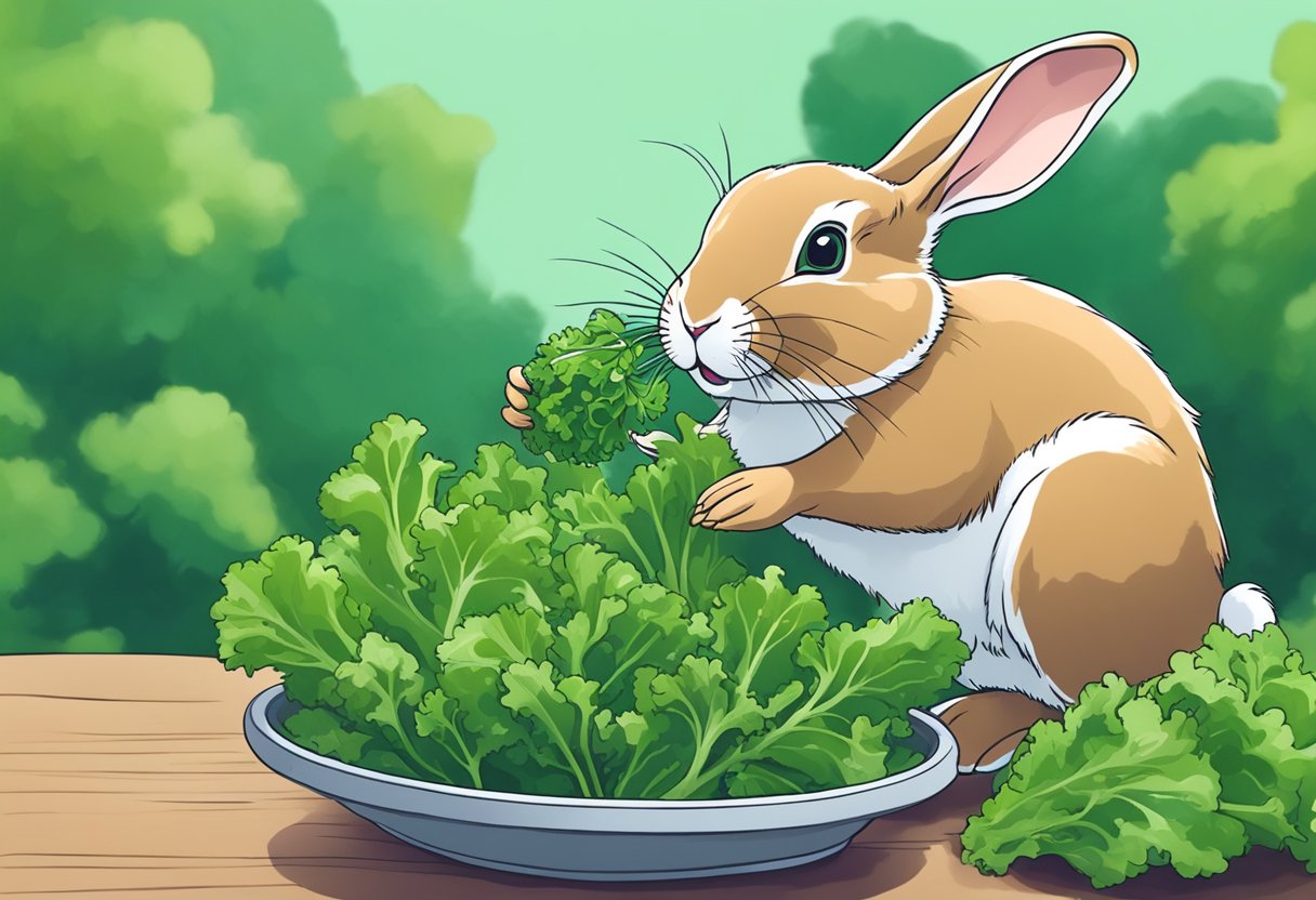 A rabbit happily munches on fresh green kale treats, showing its understanding of the tasty snack