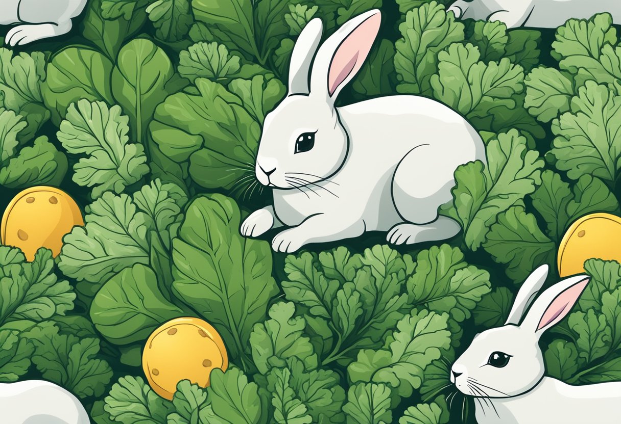 A rabbit nibbles on fresh kale leaves, surrounded by a pile of green treats from Green Treat Alternatives