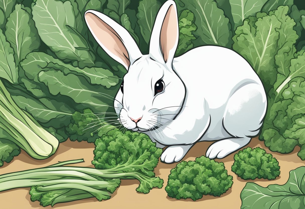 A rabbit eagerly munches on fresh green kale treats, surrounded by frequently asked questions about rabbit care