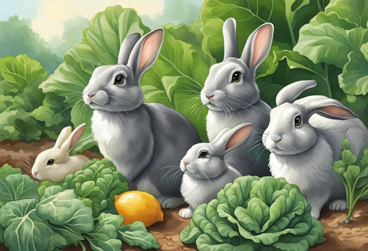 A group of rabbits eagerly munch on fresh collard greens in a lush garden setting