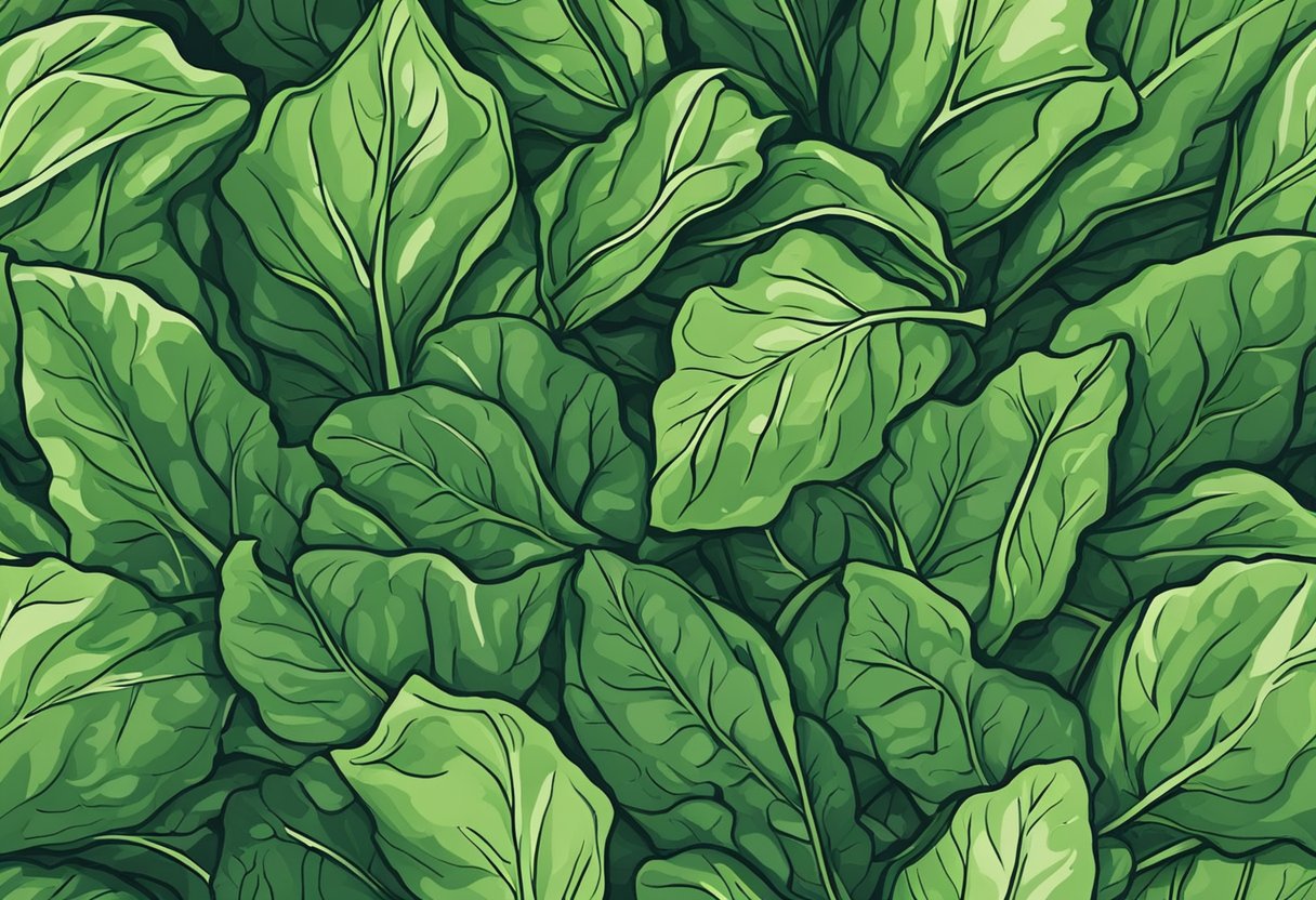Fresh collard greens arranged in a pile, with a few scattered leaves around. Bright green color, large leafy texture