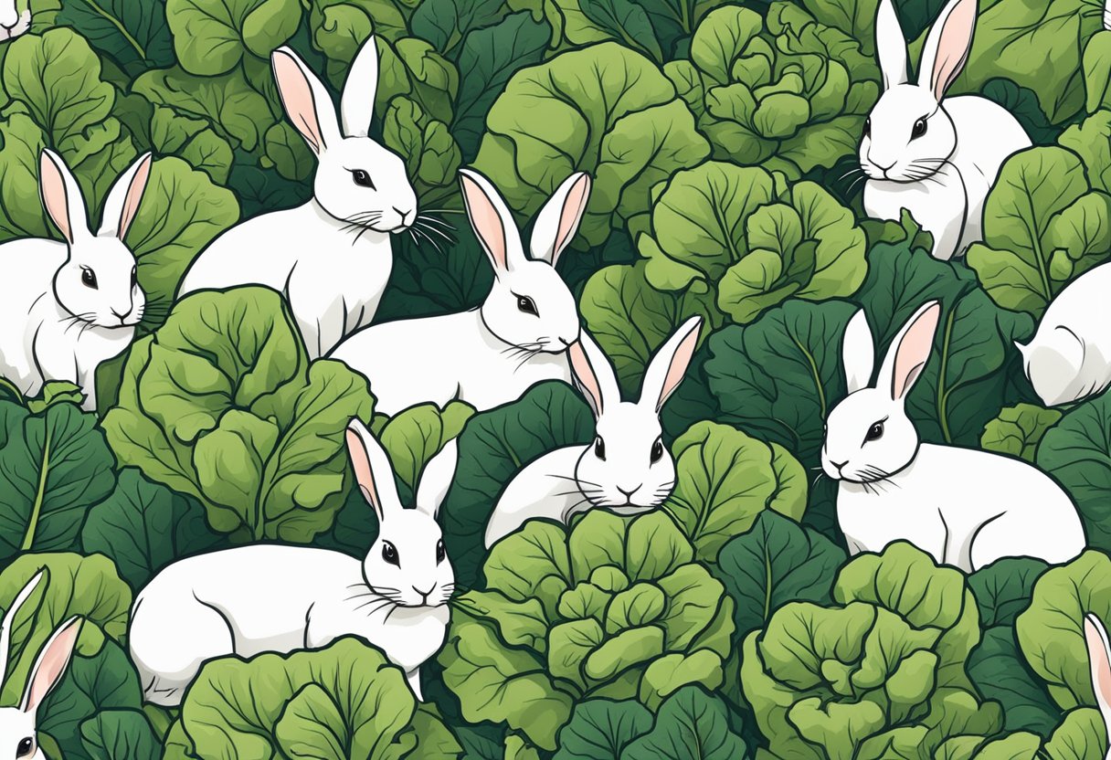 Rabbits surrounded by collard greens, with warning signs and symbols of potential risks