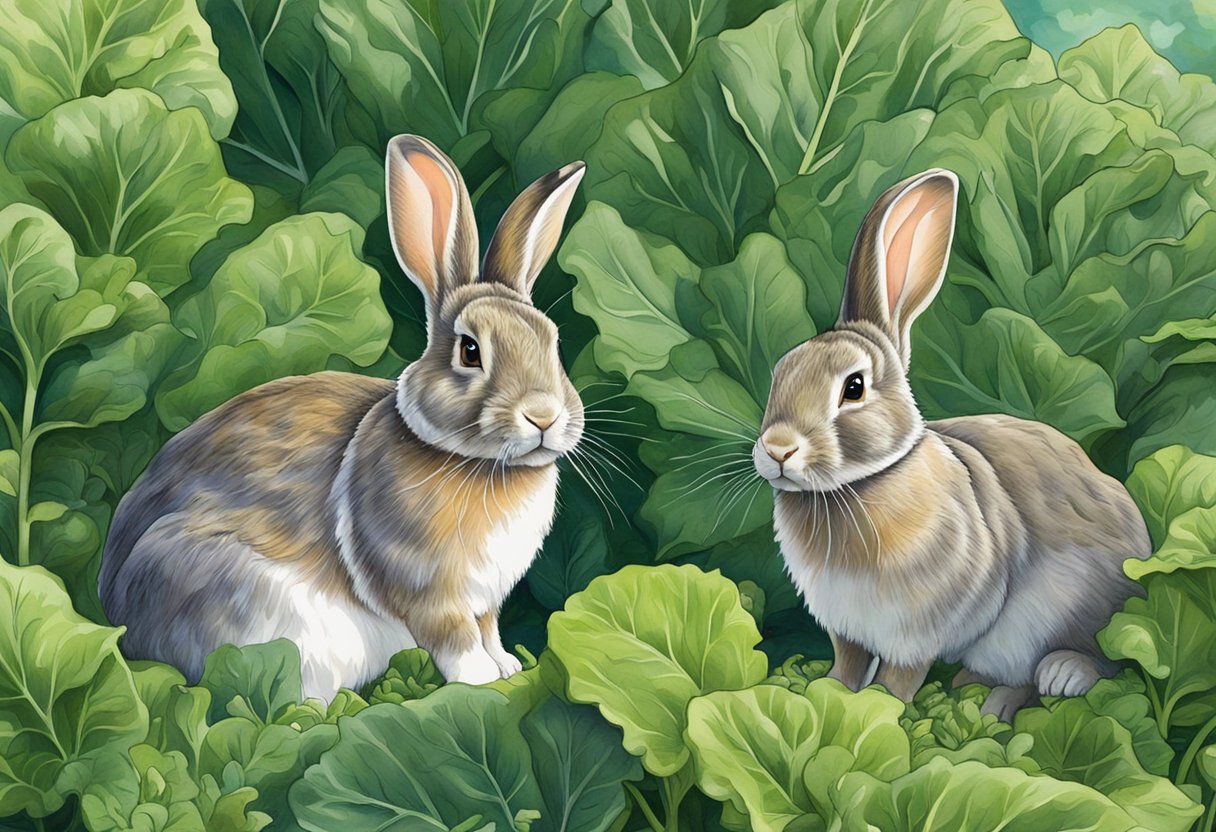 Rabbits munch on fresh collard greens in a lush garden setting