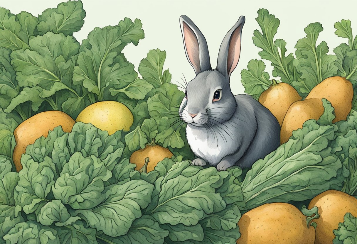 A rabbit munches on a pile of fresh collard greens, surrounded by curious onlookers