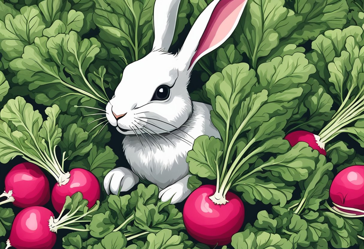 Radish greens arranged in a pile with a rabbit nibbling on them
