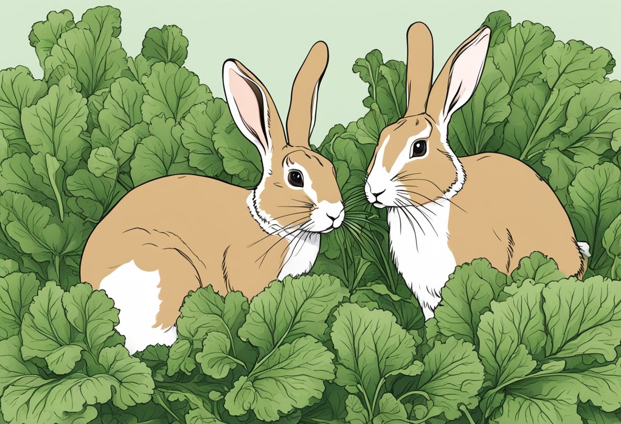 Rabbits munching on radish greens, with wilted leaves nearby