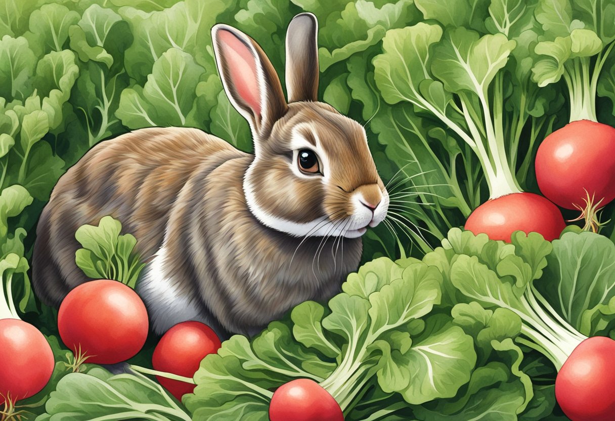 A rabbit nibbles on fresh radish greens, its ears perked up in delight