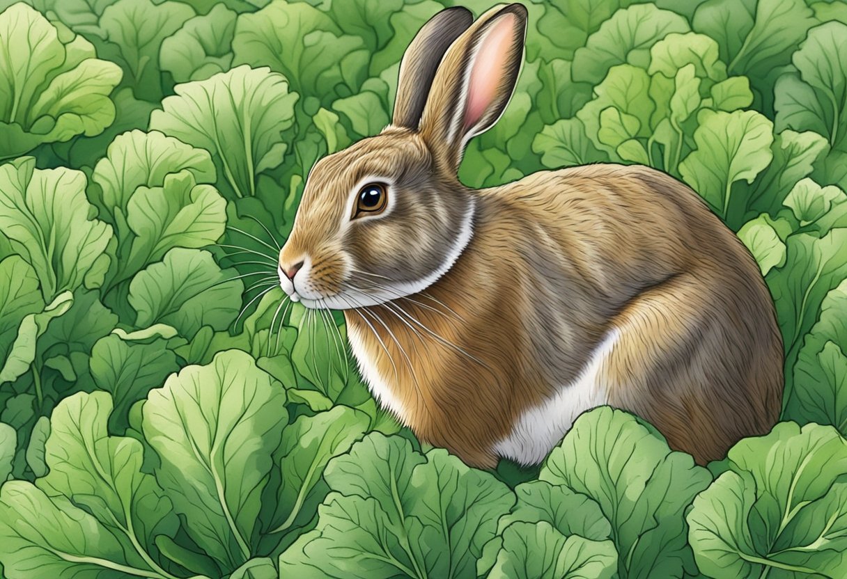 A rabbit eagerly munches on fresh radish greens, its whiskers twitching with delight as it incorporates the nutritious leaves into its diet